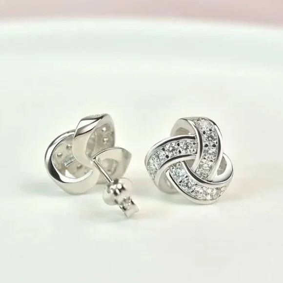 CZ and Silver Tone Bling Knot Stud Earrings #1456 - Picture 5 of 6